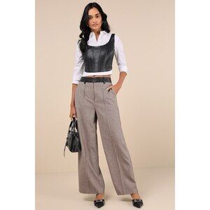 Memorably Chic Brown Houndstooth Tweed Wide-Leg Pants